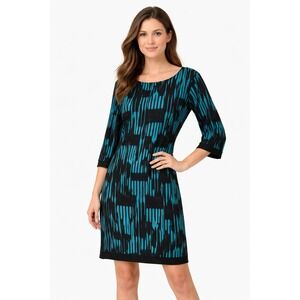 Calvin Klein Womens Black Teal Patterned 3/4 Sleeve Dress Size 14 Office Teacher